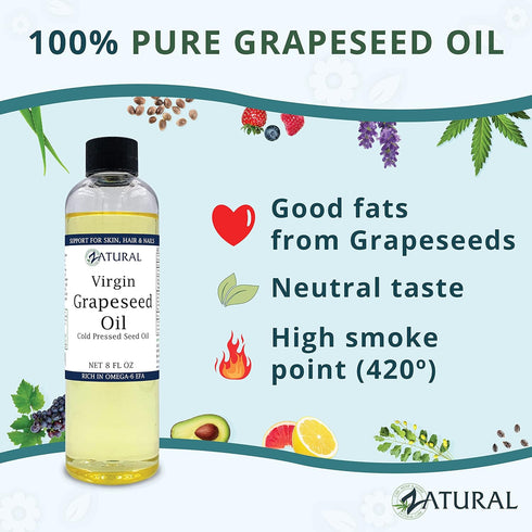 Zatural Grapeseed Oil - 100% Pure Cold Pressed Virgin High Temperature Cooking Oil (8oz)