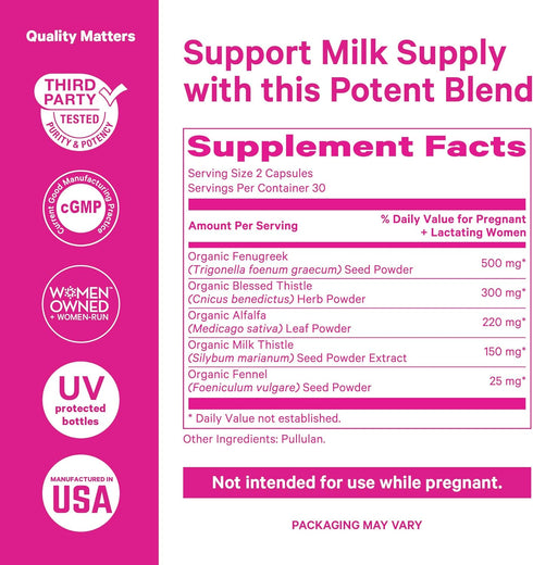 Pink Stork Total Lactation Supplement for Breast Milk Supply, Organic Fenugreek and Alfalfa, 60 Capsules
