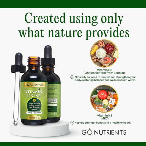 Go Nutrients Vitamin D3 K2 Drops, Liquid VIT D Supplement for Adults & Kids, 1 oz, 90 Servings