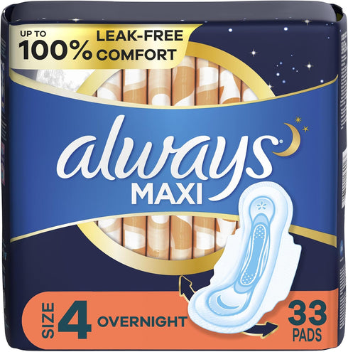 Always Maxi Pads Size 4, Overnight Absorbency, Unscented, 33 Count