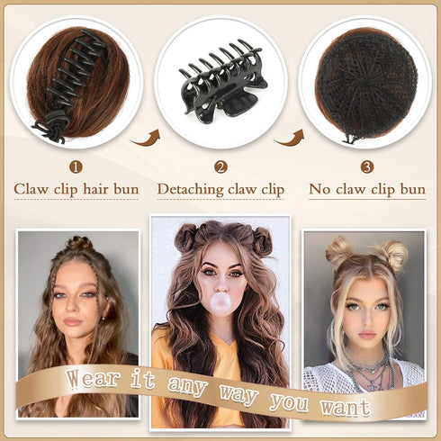 SOFEIYAN 2PCS Mini Claw Clip Hair Bun Extension, Synthetic Wig Accessory Updo Space Bun Hair Messy Cat Ears for Women,