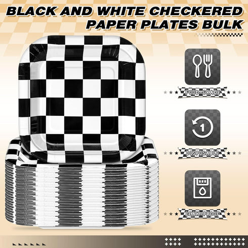 100 Pcs Black and White Checkered Dessert Plates, 7 x 7 Inch Disposable Square Paper Plates for Birthday and Baby