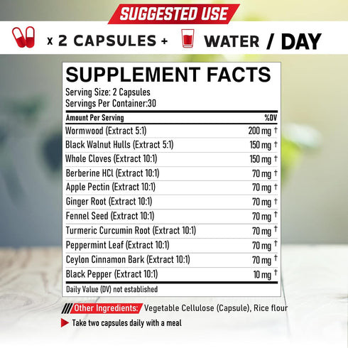 Wormwood Capsules Supplement - Extracted from Black Walnut, Cloves, Turmeric, Apple, Berberine HCl & More - 11 Ingredients combined for Immune System, Body Management & Digestion Health - 60 Capsules