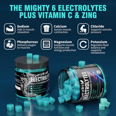 120 Chewable Electrolyte Gummies No Sugar, 6 Electrolytes for Runners, Refreshing Blue Raspberry, 1 Pack