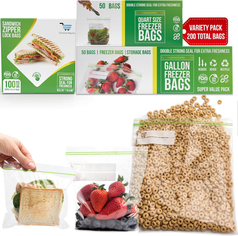Zipper Bags Variety Pack, 50 Gallon Bags, 50 Quart Bags, 100 Sandwich Snack Bags, Total 200 Bags
