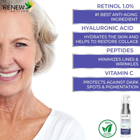 Renew Actives 1% Retinol Serum for Face with Hyaluronic Acid, Vitamin C, Peptides - 30mL