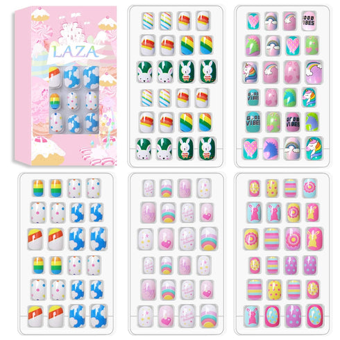 Laza 120pcs Children Nails Press On Pre-glue Full Cover Nail Tips Kit, Colorful Rainbow Short Artificial Nails