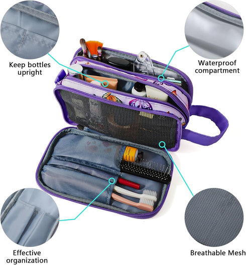 Kids Toiletry Bag for Girls, Waterproof Hanging Travel Cosmetic Bag for Little Girls, Butterfly Purple