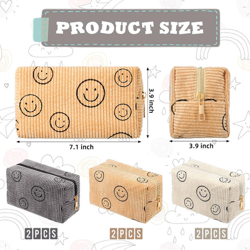 3 Pcs Corduroy Cosmetic Bag Smile Face Aesthetic Preppy Makeup Bag Corduroy Toiletry Aesthetic Pouch Travel Smile Bags for Women Purse Corduroy Makeup Organizer (White, Gray, Yellow, Stylish)
