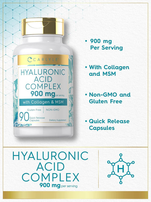 Carlyle Hyaluronic Acid 900mg with Collagen | 90 Capsules | Hydrolyzed Collagen Complex, MSM | Non-GMO, Gluten Free