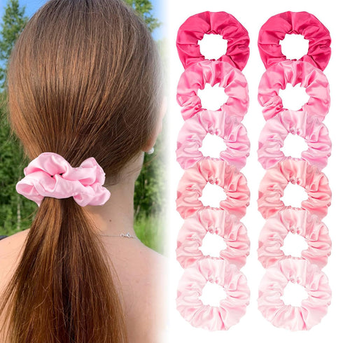 Satin Scrunchies Set of 12 - Elastic Silk Bubble Hair Accessories for Girls, Pink Gifts