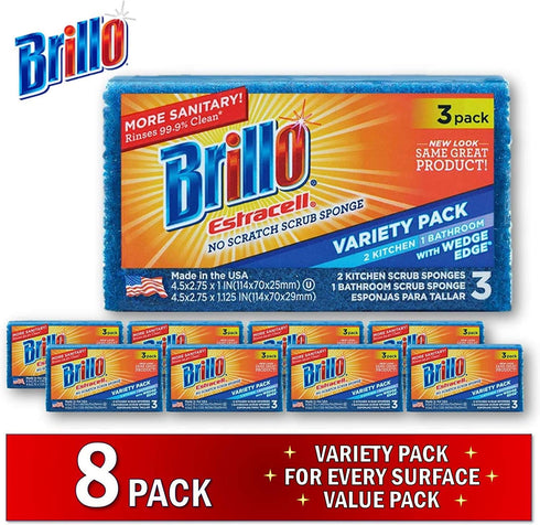 Pack 3 Count (Pack 8)) Brillo Estracell Sponges, Premium Long Lasting, Kitchen & Bathroom with Wedge Edge Variety