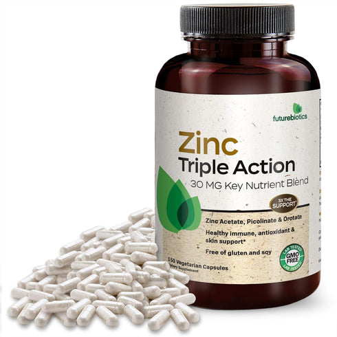 Futurebiotics Zinc Supplement 30mg Triple Action Blend - 150 Vegetarian Capsules for Immune & Skin Health