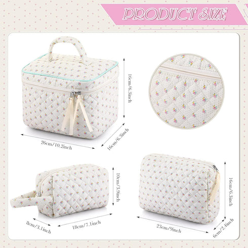 3 Pieces Cotton Quilted Makeup Bag Set, Aesthetic Travel Toiletry Bags, Cute Kawaii Pouch for Women