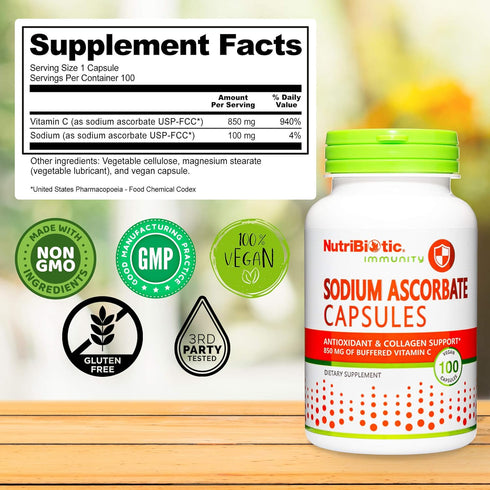 NutriBiotic Sodium Ascorbate Buffered Vitamin C Capsules, 100 Ct | Vegan & Non-Acidic Immune Support