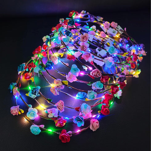 PTHTECHUS 12 Pack LED Flower Headband Crown - Glow in The Dark Party Supplies for Men Women