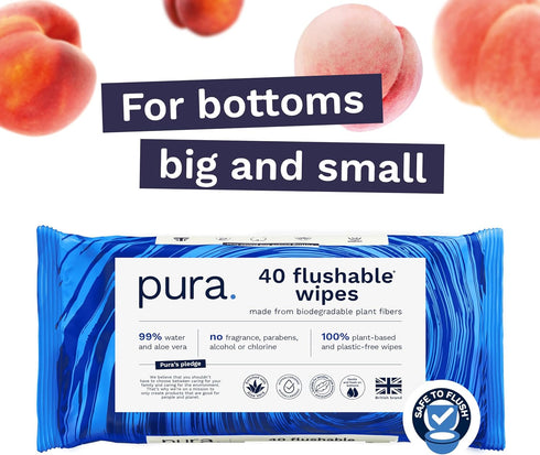 Pura Flushable Wipes 4 x 40 Toilet Wipes (160 Wipes), 100% Plastic Free Moist Toilet Tissue, Sensitive Skin