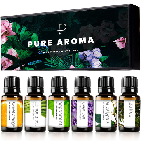 Pure Aroma Essential Oils Set, Top 6 Aromatherapy Oils Gift Set, 10ml (6 Pack)