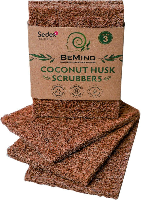 Coconut Husk Scrubber (3) | Natural Dish Scrubber & Eco-Friendly Coconut Scouring Pads | Non-Scratch Coconut Sponge