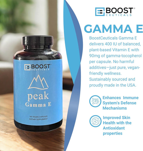 BoostCeuticals Vegan Vitamin E Gamma Tocopherol, 180mg Per Serving, Antioxidant Immunity Support, 180 Capsules
