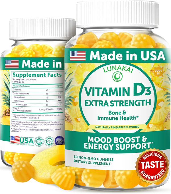 Vitamin D3 Gummies for Adults and Kids - Non-GMO, 2000IU Supplement for Immunity, Bone and Mood Support, 60 Count