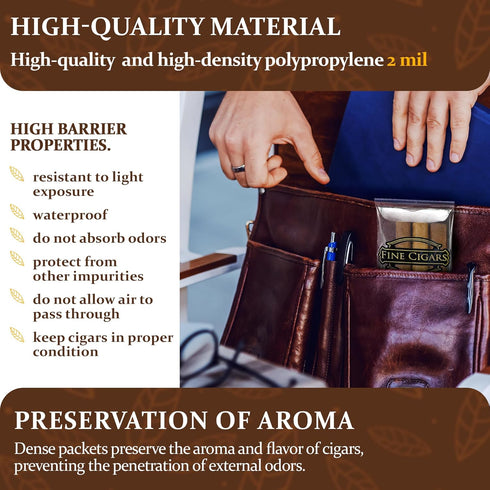 Clear Printed Fine Cigars Cigar Bags - 3 x 10 Inches, 100 Pack Reclosable Zipper Bags for Cigars