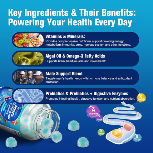 Gummies w/Omega-3, Migcopat Multivitamin for Men, Mens Multivitamins Probiotics, Inositol, Folate, Biotin, Zinc