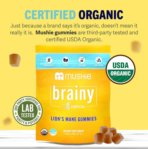 Mushie 100% Gummies 2000mg (75mg 60 Gummies Organic Lions Mane Mushroom - A & B-Glucans) for Brain Health, Focus