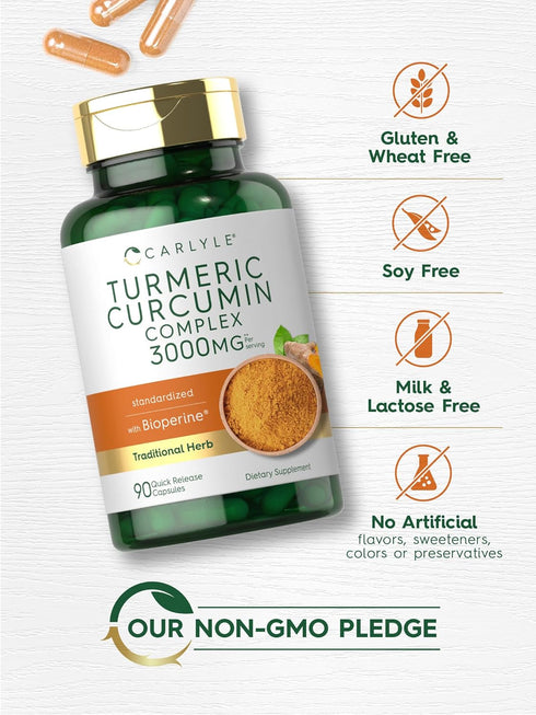 Carlyle Turmeric Curcumin with Black Pepper 3000mg | 90 Powder Capsules | Non-GMO, Gluten Free Complex