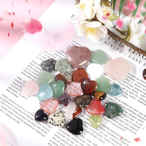 Fumete 60 Pieces Mini Natural Heart Stone - 20mm Pocket Heart Love Carved Chakra Reiki Energy Balancing Stones