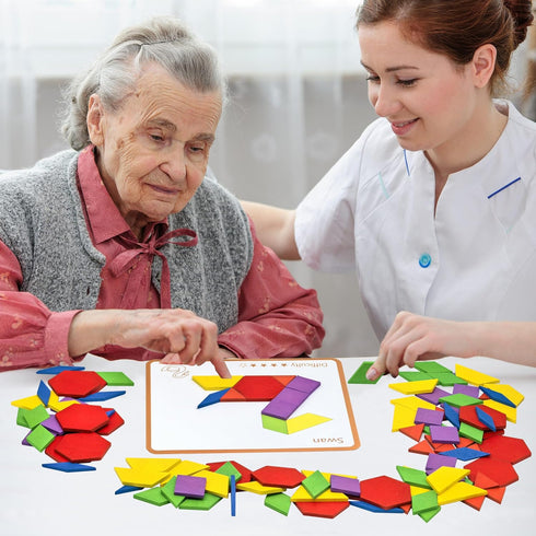 PHIELEY 80 Activities for Dementia Patients, Pieces Wooden Tangrams Puzzle Game for Seniors, Colorful Shape Pattern