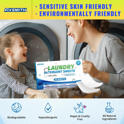 FIXSMITH Laundry Detergent Sheets - 60 Loads (30 Sheets) Fragrance Free, Hypoallergenic, Eco-Friendly Strips