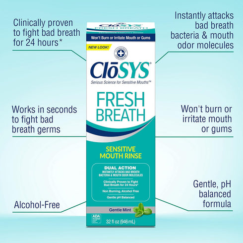 CloSYS Sensitive Mouthwash, 32 Ounce, 2 Count - Gentle Mint, Alcohol Free, pH Balanced, Fights Bad Breath