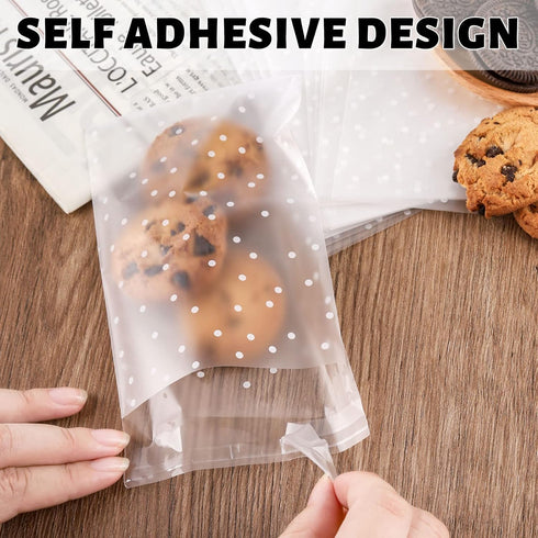 200PACK Self Adhesive Cookie Bags, Cellophane Treat Bags with Stickers, 5.5x5.5 INCH (White Polka Dot)