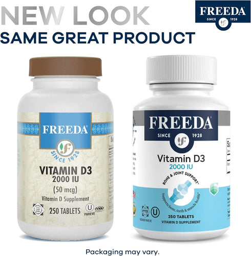 FREEDA Vitamin D3-2000 IU - Pure High Potency Kosher Supplement for Bone & Muscle Health - 250 Count