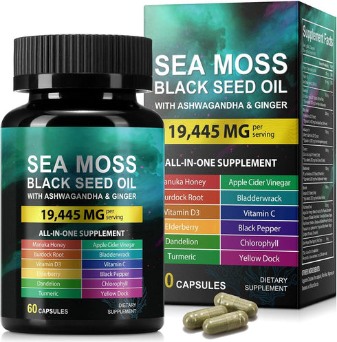 HUYEHF Sea Moss Black Seed Oil Ashwagandha Ginger, Sea Moss Capsule Supplement with