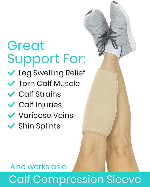 Vive Calf Brace - Adjustable Shin Splint Support, Lower Leg Compression Wrap for Pain Relief, Beige