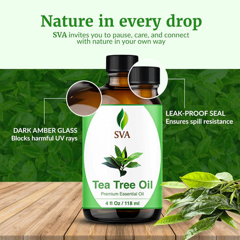 SVA Tea Tree Essential Oil 4 Fl Oz, 100% Natural for Diffuser, Hair Care, Skin Care, Aromatherapy