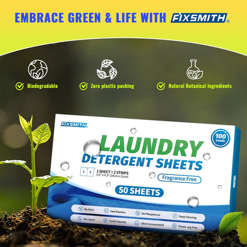FIXSMITH Laundry Detergent Sheets - 100 Loads (50 Sheets) Fragrance Free, Hypoallergenic, Eco-Friendly Travel Detergent