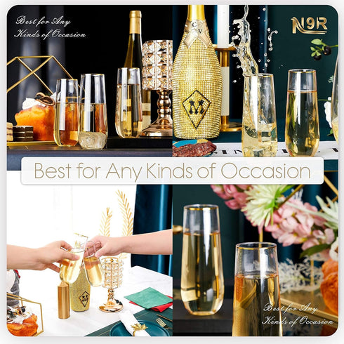 N9R 12PCS Stemless Plastic Champagne Flutes, 9 oz Gold Rim Toasting Glasses, Shatterproof Cocktail Cups for Party