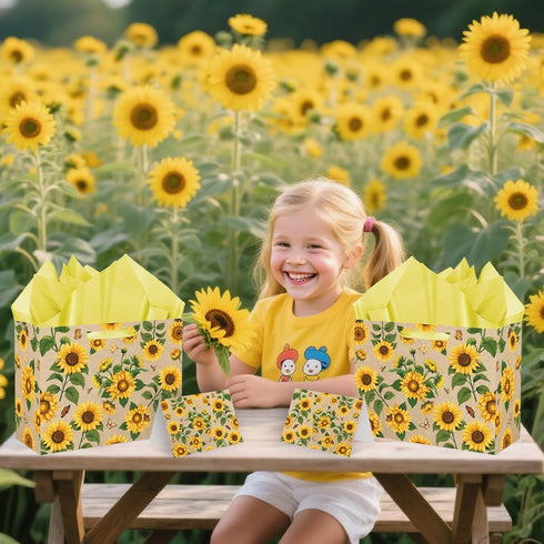 SUNDECO Large Sunflower Gift Bag with Yellow Tissue Paper and Greeting Card, Sunflower Wrapping Paper for Women, Girl