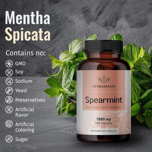Spearmint 100 Capsules - 1000 mg - Mentha Spicata Dietary Supplement for Digestive & Respiratory Health - Vegan, Non-GMO