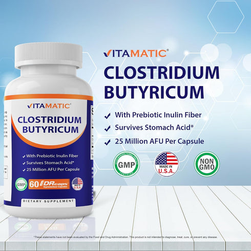 Vitamatic Clostridium butyricum, 25 Million, 60 DR Capsules for Gut Health with Prebiotic Inulin Fiber