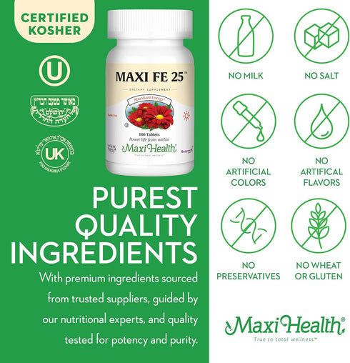 Maxi Health Iron Supplement for Women & Men, Gentle Iron 25 mg, Non-Constipating, 100 Tablets