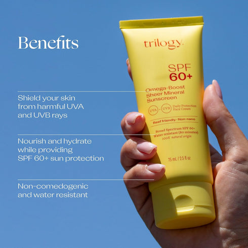 Trilogy SPF 60+ Omega-Boost Sunscreen - Natural Broad Spectrum Protection for Daily Use, 2.5 fl oz
