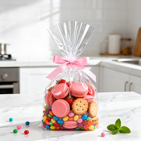 Morepack Bags,200 7x13 Inches Gusset, Cello Cellophane Treat Pieces Clear Plastic Gift Bags with Twist Ties,Party Favor