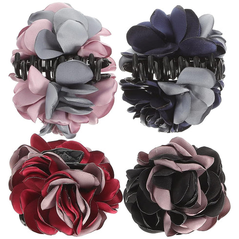 Lurrose 4Pcs Large Ribbon Hair Claws, Rose Flower Bow Jaw Hair Clip Barrette Ponytail Holders for Girls Women