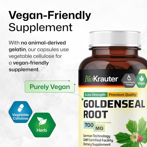 BIO KRAUTER Goldenseal Root Capsule 700 mg, 100 Vegan Golden Seal Powder Caps for Respiratory & Digestive Support