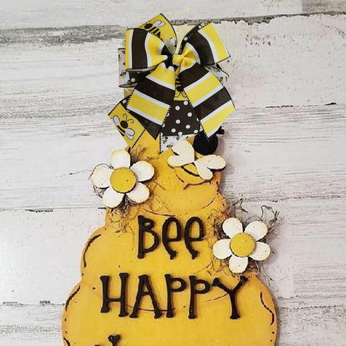 Wired Ribbon with Black, White and Yellow Stripes, Bee Design, 2.5” x 10yds, Spring and Summer Burlap