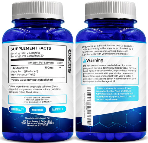 We Like Vitamins Glutathione 500mg Per Serving - 60 Glutathione Capsules, Highly Bioavailable Reduced Glutathione